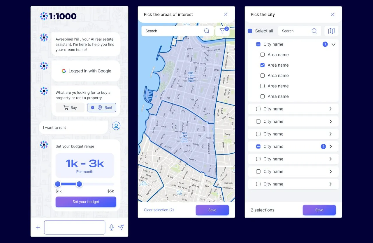 1to1000 chat assistant with a budget slider, a map for picking areas of interest and a city and area selection list