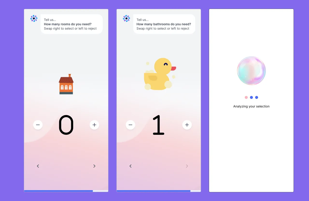 1to1000 questions about the number of rooms and bathrooms, followed by an analyzing your selection screen