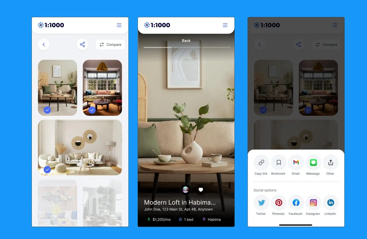 1to1000 property photo grid, a modern loft detail view and a share sheet with social options