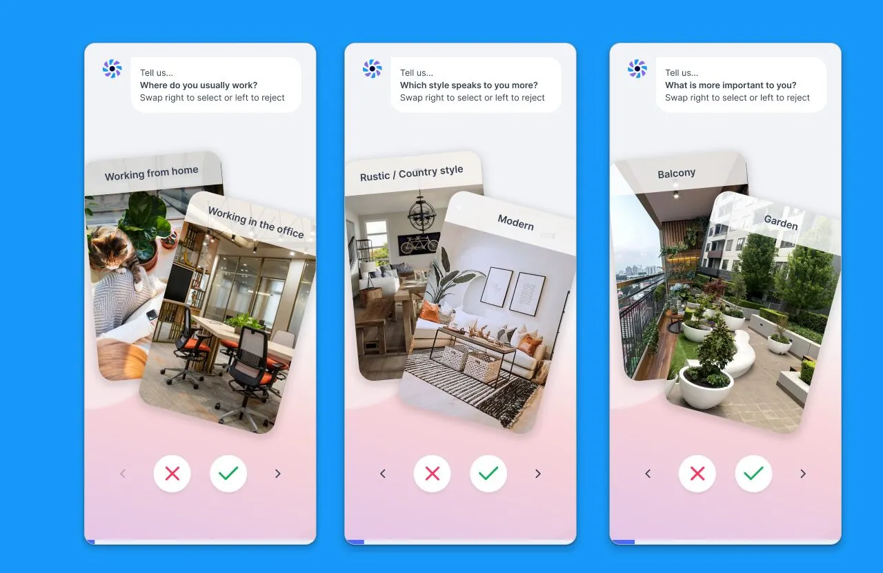 Three 1to1000 onboarding screens asking where the user works, which style they prefer and what matters most, with swipeable photo cards