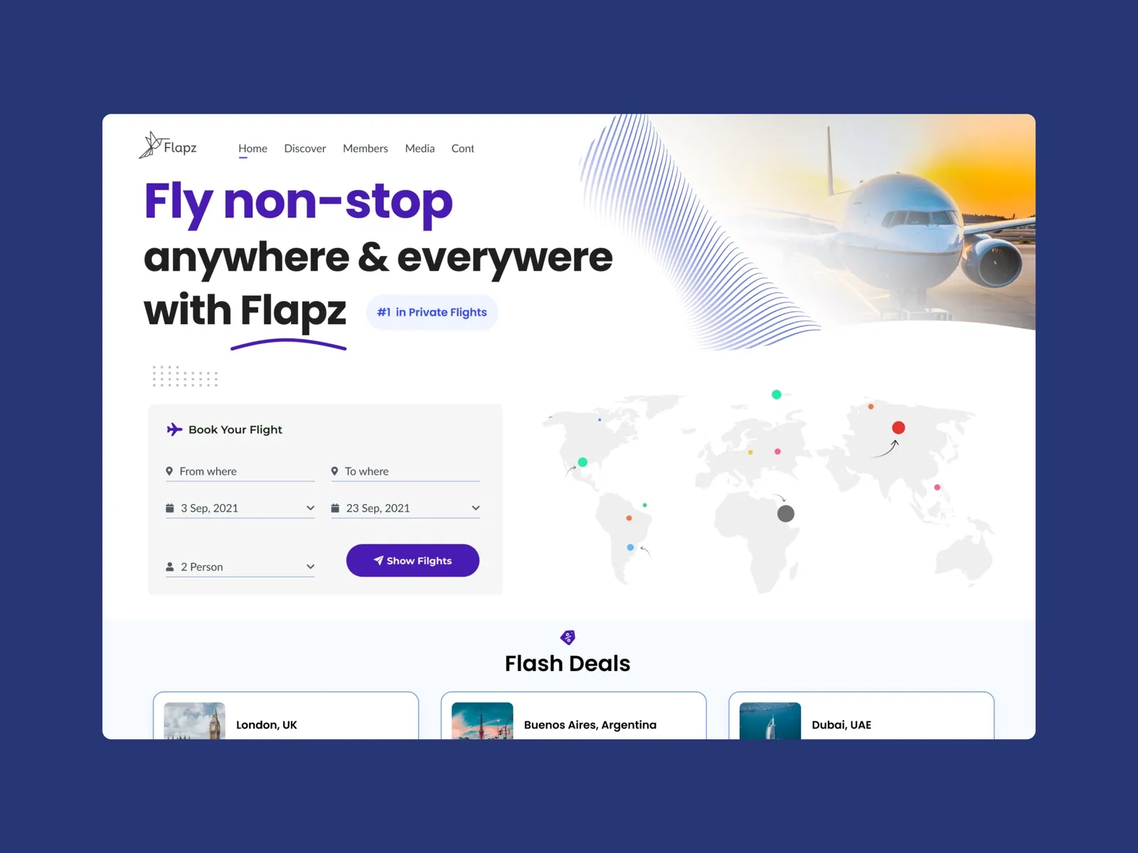 Flapz flights marketplace page with a Fly non-stop headline, a booking form, a world map and a Flash Deals row with London, Buenos Aires and Dubai.