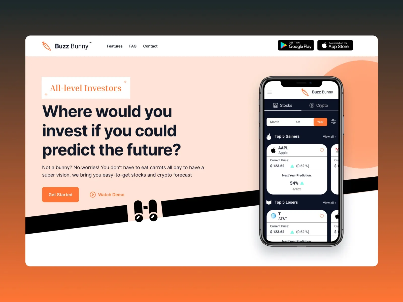 Buzz Bunny landing page with the headline Where would you invest if you could predict the future, app store buttons and a phone showing top stock gainers, on an orange gradient.