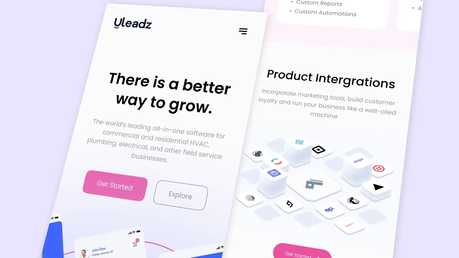 Uleadz marketing site shown on tilted mobile screens, with the hero headline and buttons next to a product integrations section with isometric app tiles.