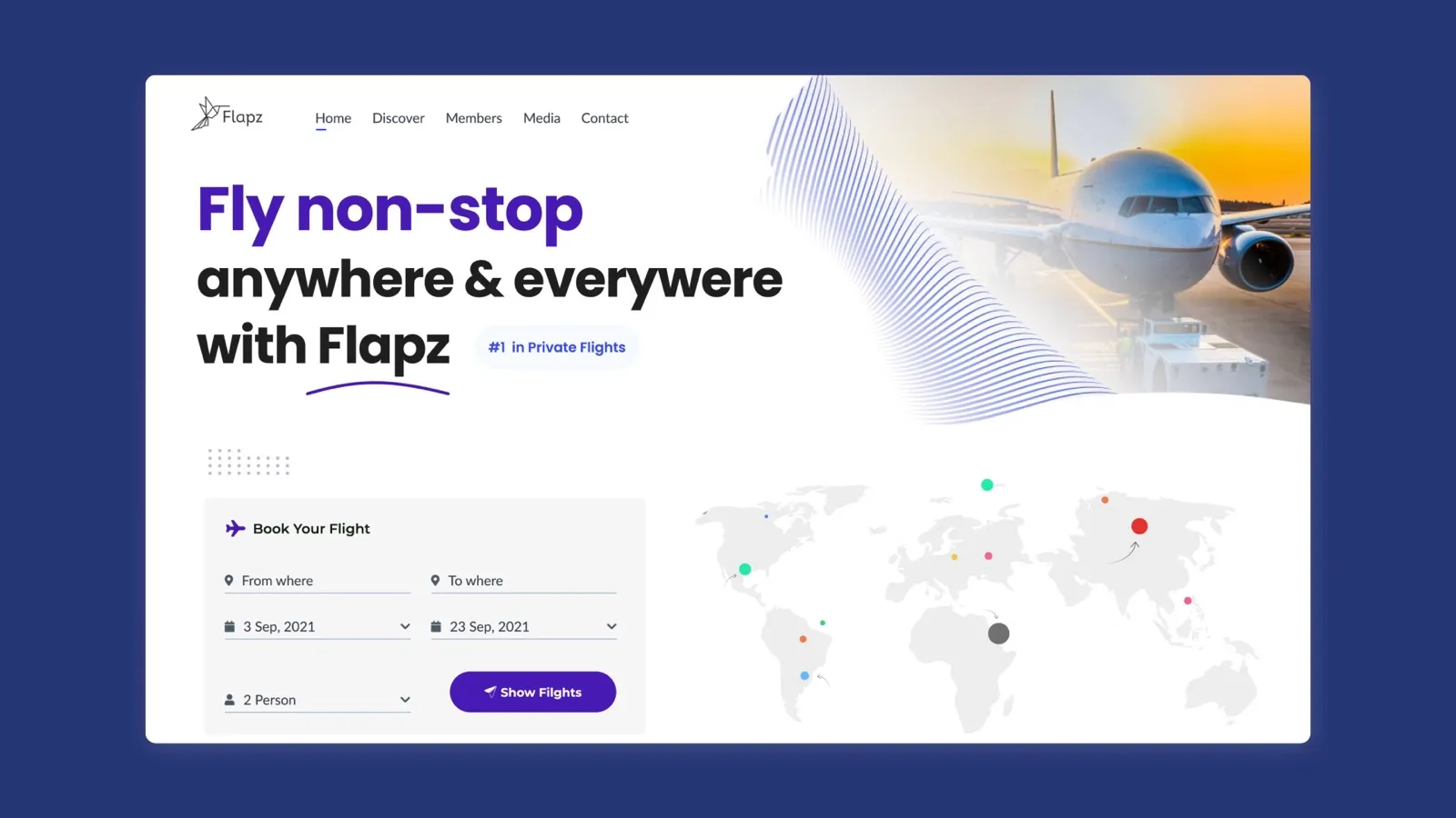 Flapz private jet marketplace home page with the headline Fly non-stop, a plane photo, a flight search form and a world map with route markers.