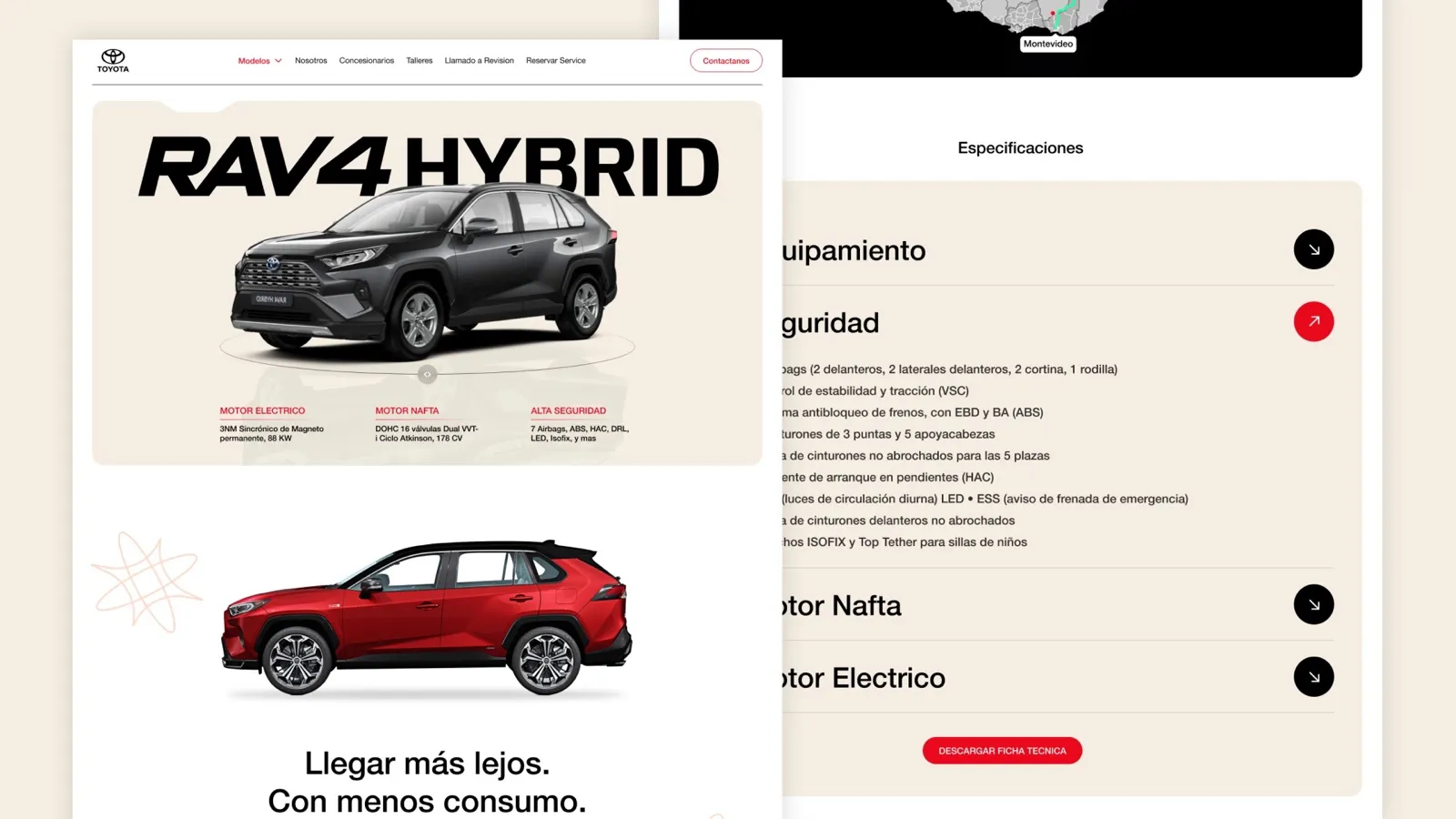 Redesigned Toyota Uruguay website showing the RAV4 Hybrid model page, with a large title, car renders, key specs and an expandable specifications list.