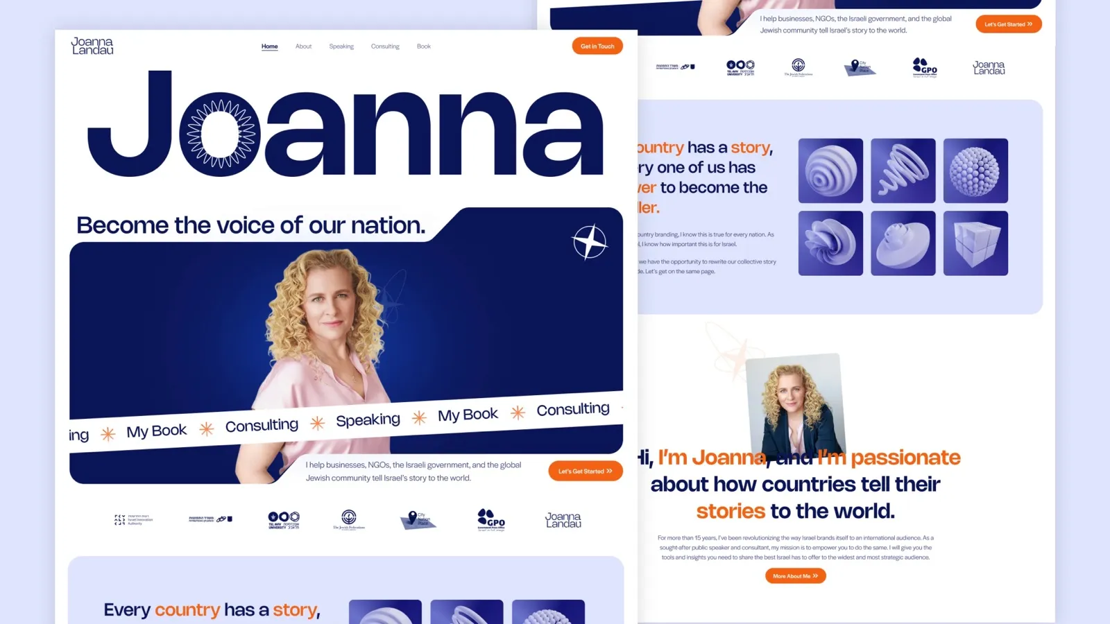Personal branding website for a speaker and consultant with a giant name headline, a portrait on a deep blue shape, client logos and 3D abstract shapes.
