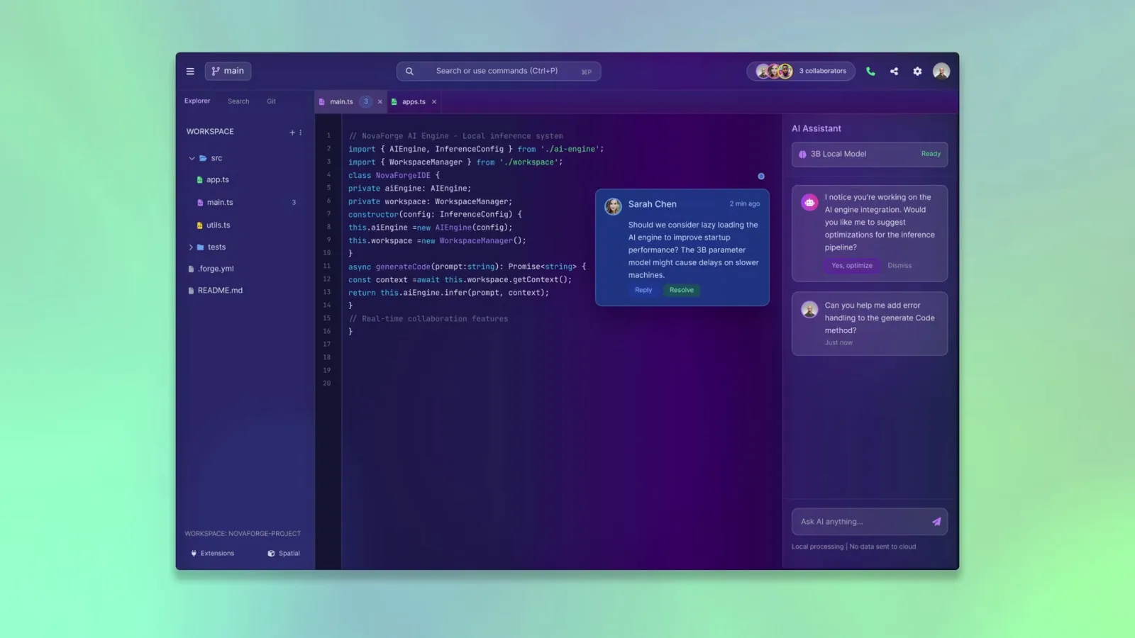 AI code editor with a file explorer, TypeScript code, a collaborator comment from a teammate and an AI assistant panel running a local model, on a purple and teal gradient.