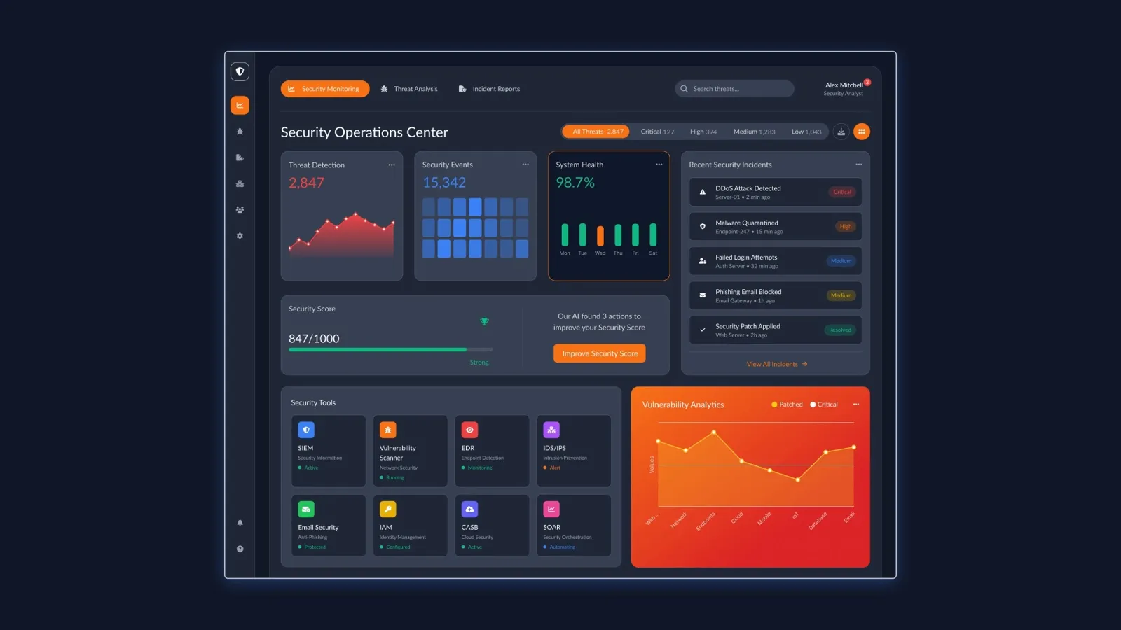 Dark Security Operations Center dashboard with threat detection and security events cards, a security score, recent incidents, a security tools grid and vulnerability analytics.
