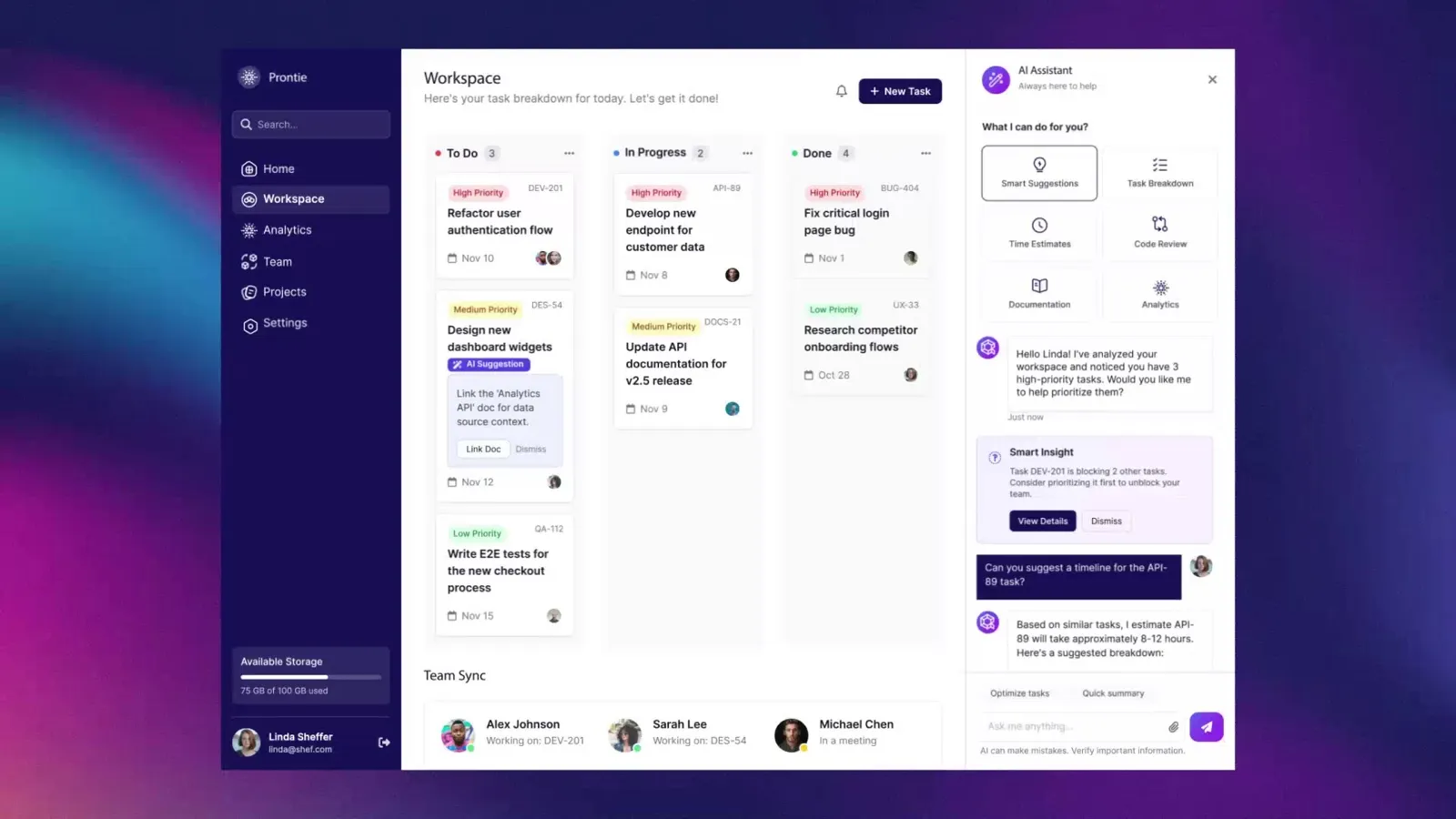 Prontie workspace with a kanban board of To Do, In Progress and Done tasks, a dark sidebar and an AI assistant panel offering smart suggestions and task breakdowns.