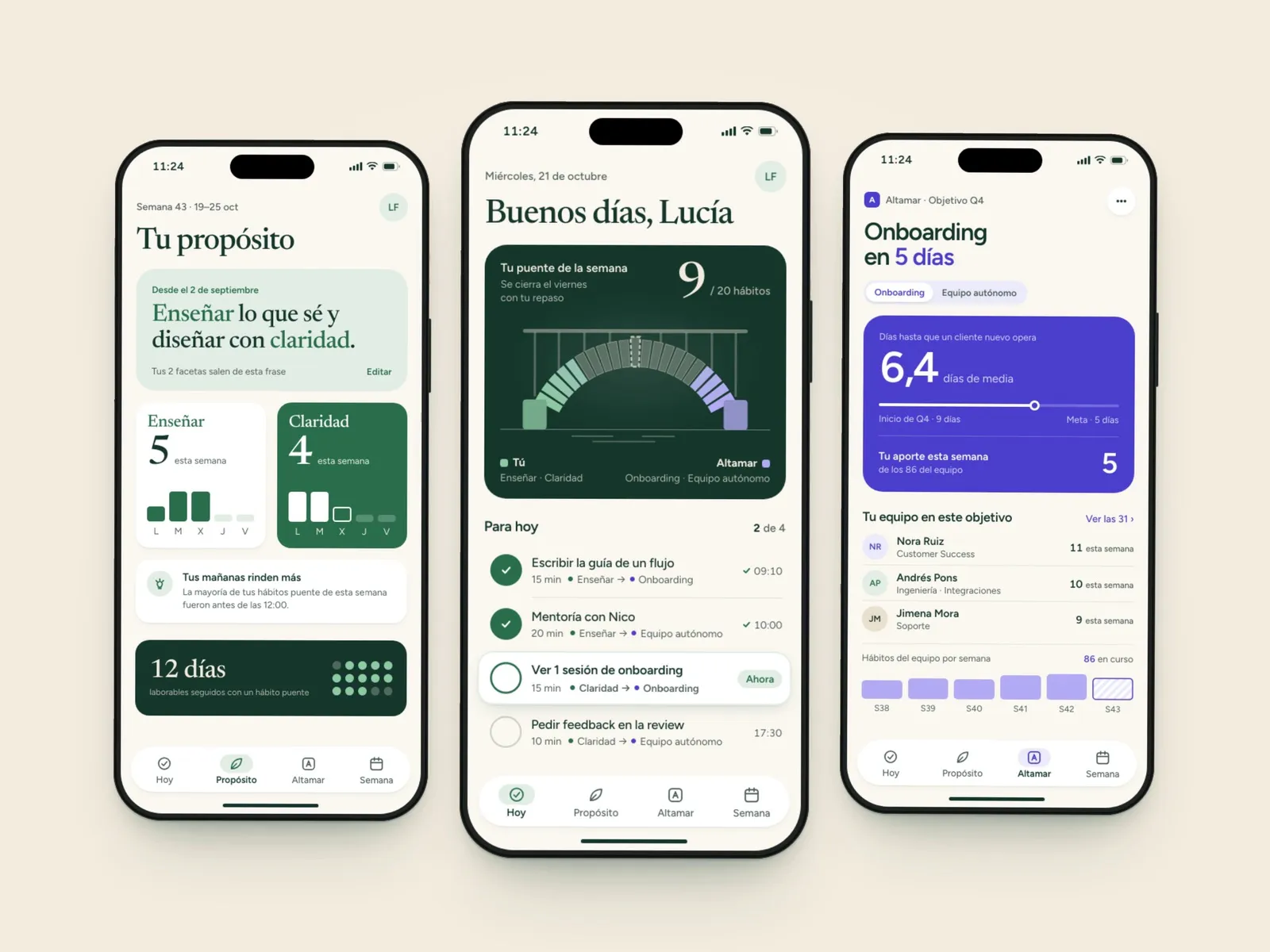 Three phone screens of a habit tracker in Spanish with a weekly purpose card, a daily task list with a bridge progress visual, and a team objective view in purple.