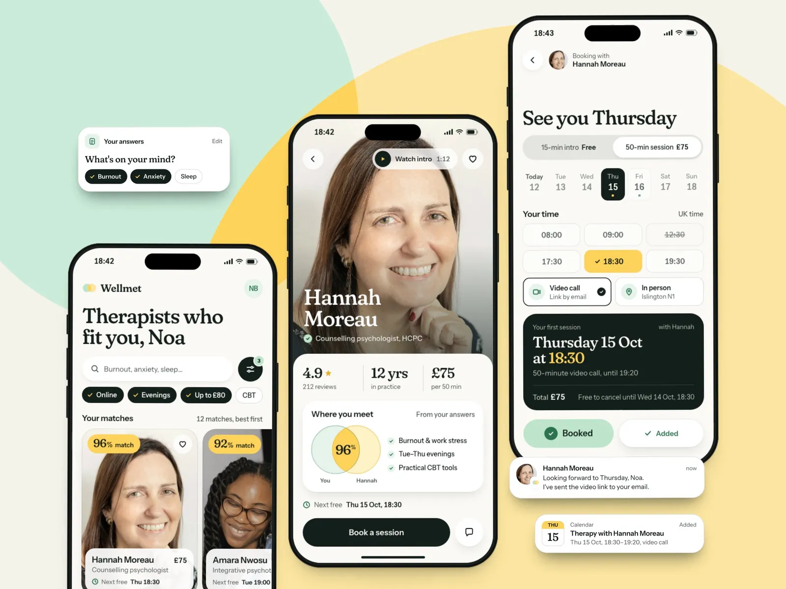Three phone screens of Wellmet, a therapist booking app: matched therapist list, a therapist profile with ratings and price, and a session booking calendar with time slots.