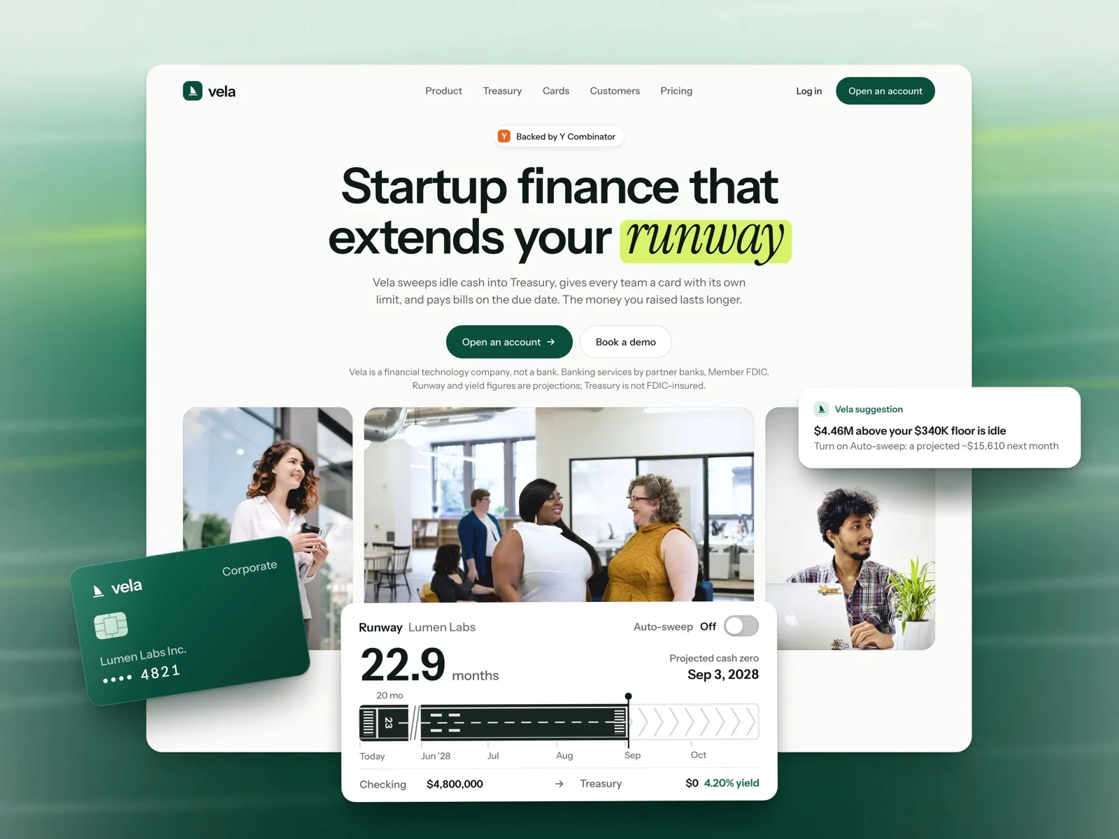 Landing page for Vela, a fintech for startups, with the headline Startup finance that extends your runway, a corporate card, a runway calculator showing 22.9 months and an auto-sweep treasury suggestion.
