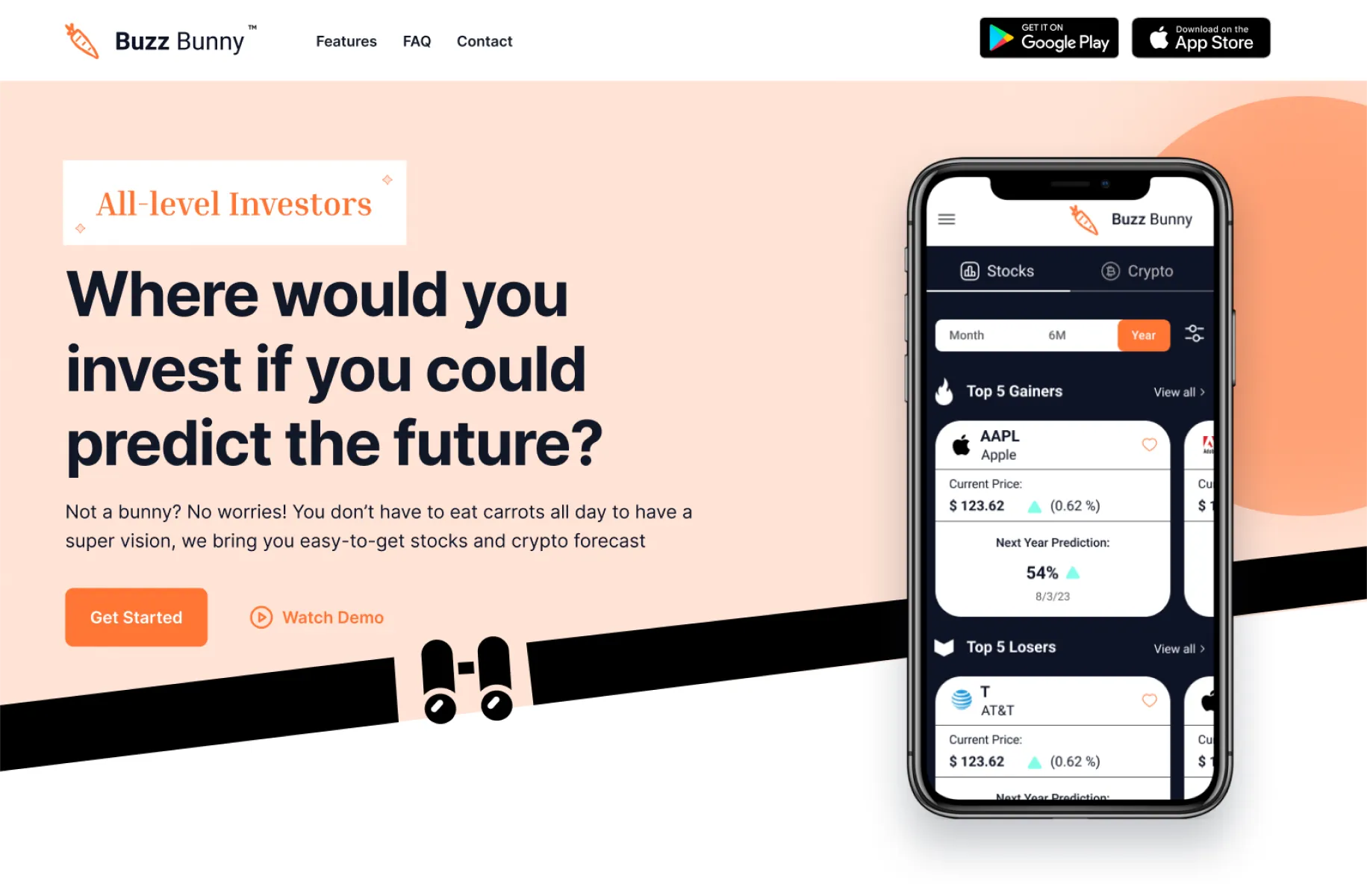 Portada del sitio de Buzz Bunny con el titular Where would you invest if you could predict the future y un teléfono que muestra las acciones con mayores alzas
