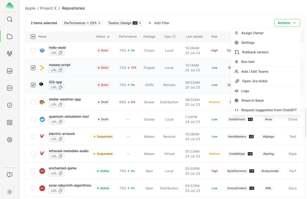CloudGuardia repository manager table with filters and an open actions menu listing assign owner, settings and rollback version