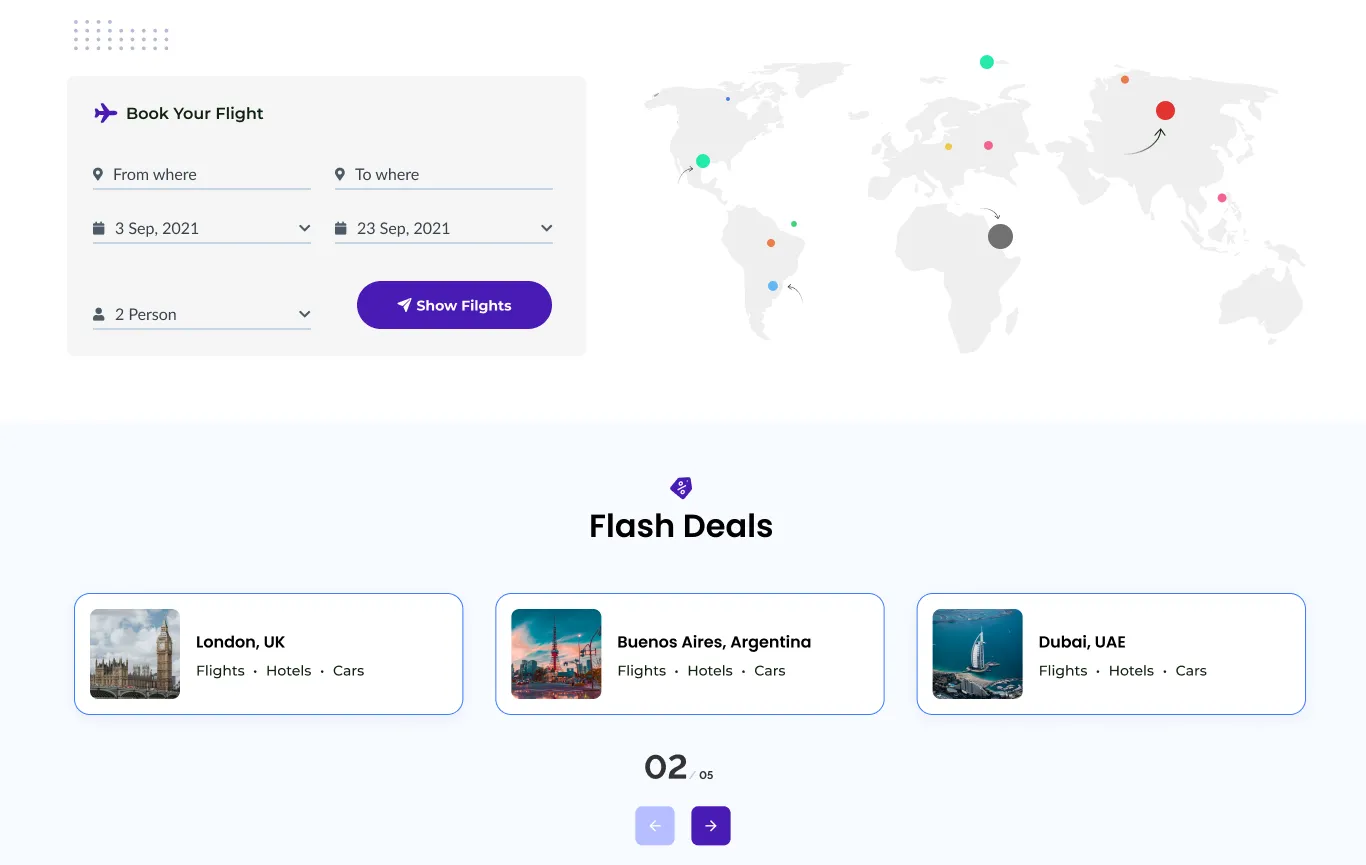Flapz home page headline reading Fly non-stop anywhere and everywhere, with a booking form and world map
