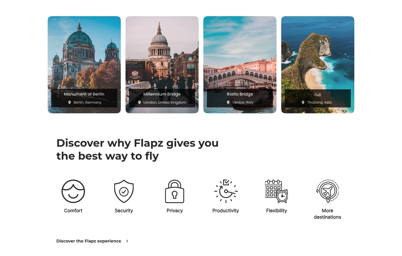 Flapz destination cards for Berlin, London, Venice and Bali above a row of benefit icons