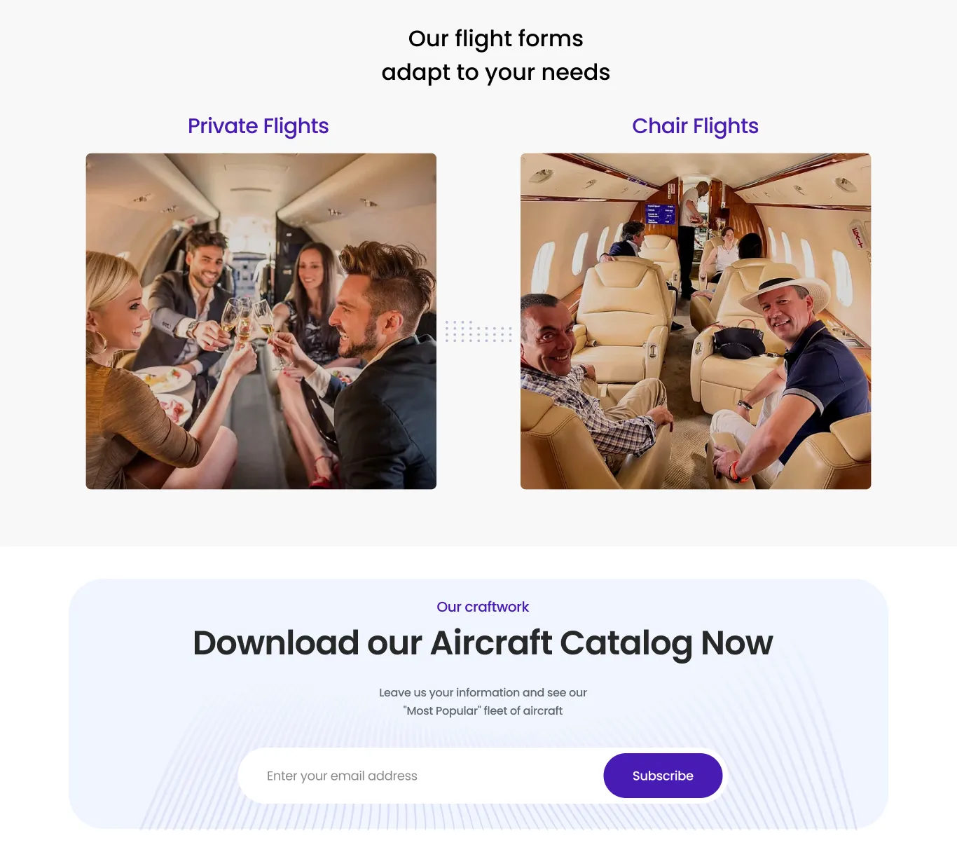 Flapz section comparing private flights and chair flights, with an aircraft catalog download form