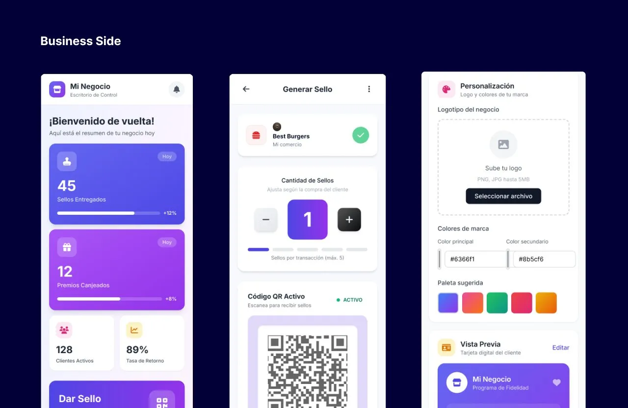 Shay business side screens: a dashboard with stamps delivered and rewards redeemed, a stamp generator with a QR code, and a brand customization form