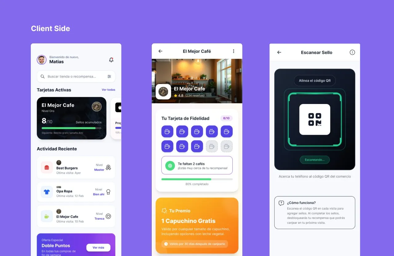 Shay client side screens: active loyalty cards, a cafe loyalty card with progress toward a free cappuccino, and a QR scanner