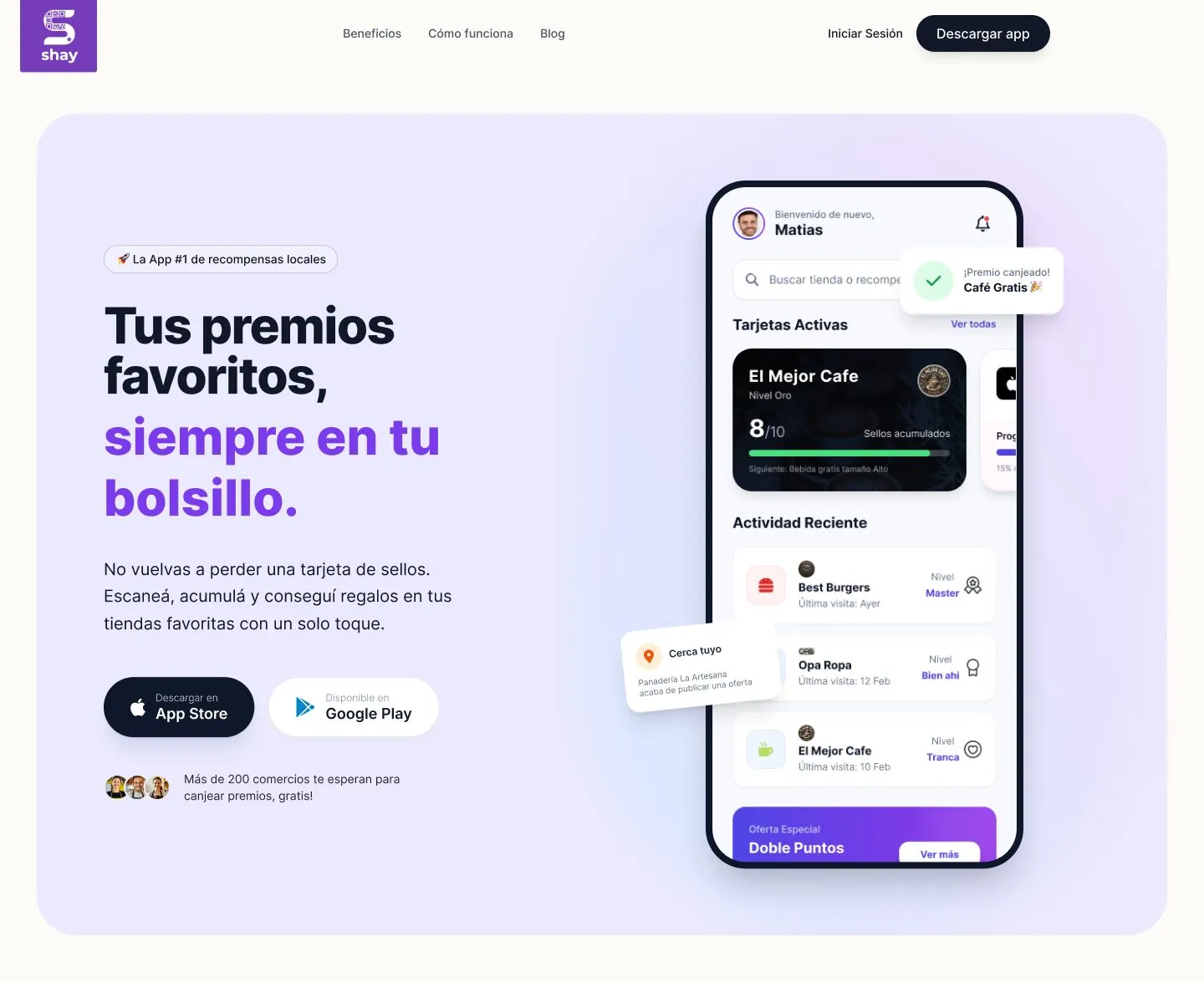 Shay website hero for customers with app store buttons and a phone showing recent activity