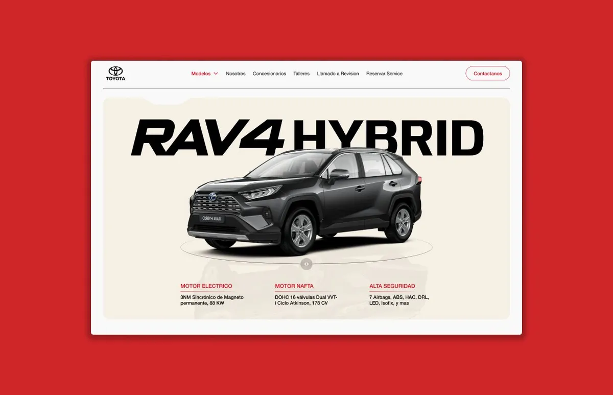 Toyota RAV4 Hybrid landing page concept with a dark grey SUV under the headline RAV4 Hybrid and cards for electric motor, petrol motor and safety