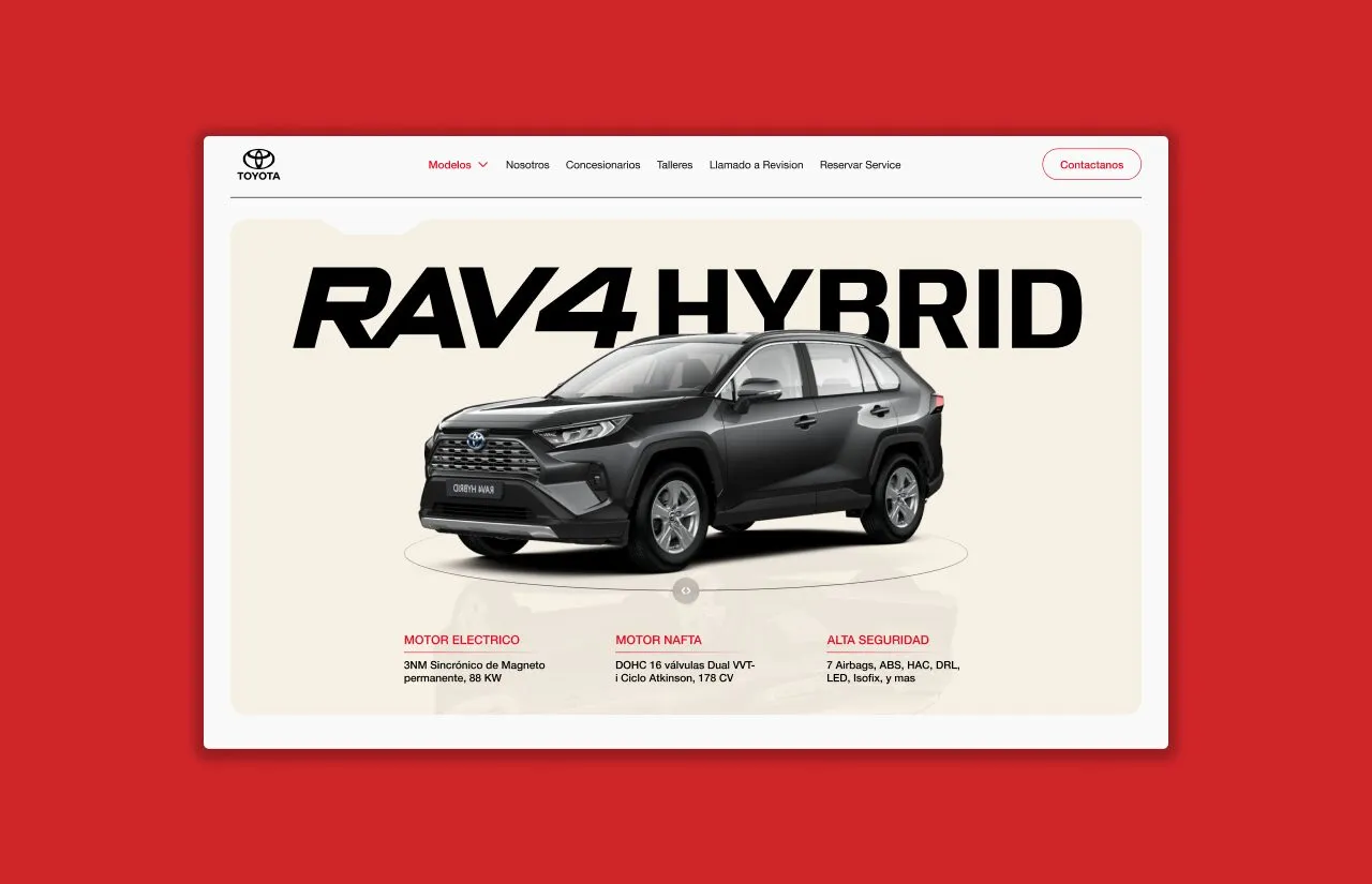 Toyota RAV4 Hybrid landing page concept with a dark grey SUV under the headline RAV4 Hybrid and cards for electric motor, petrol motor and safety