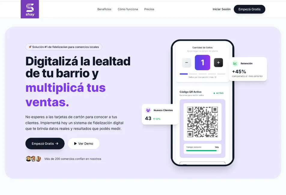 Shay website hero for merchants with the headline Digitalizá la lealtad de tu barrio y multiplicá tus ventas