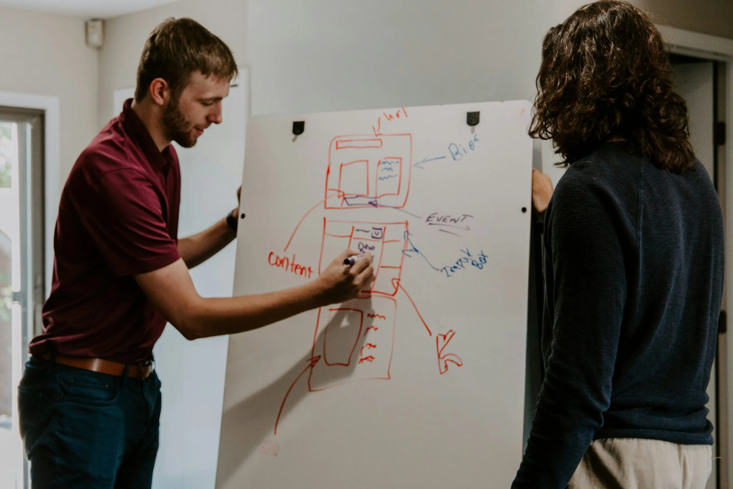 Two colleagues sketching a user flow on a whiteboard