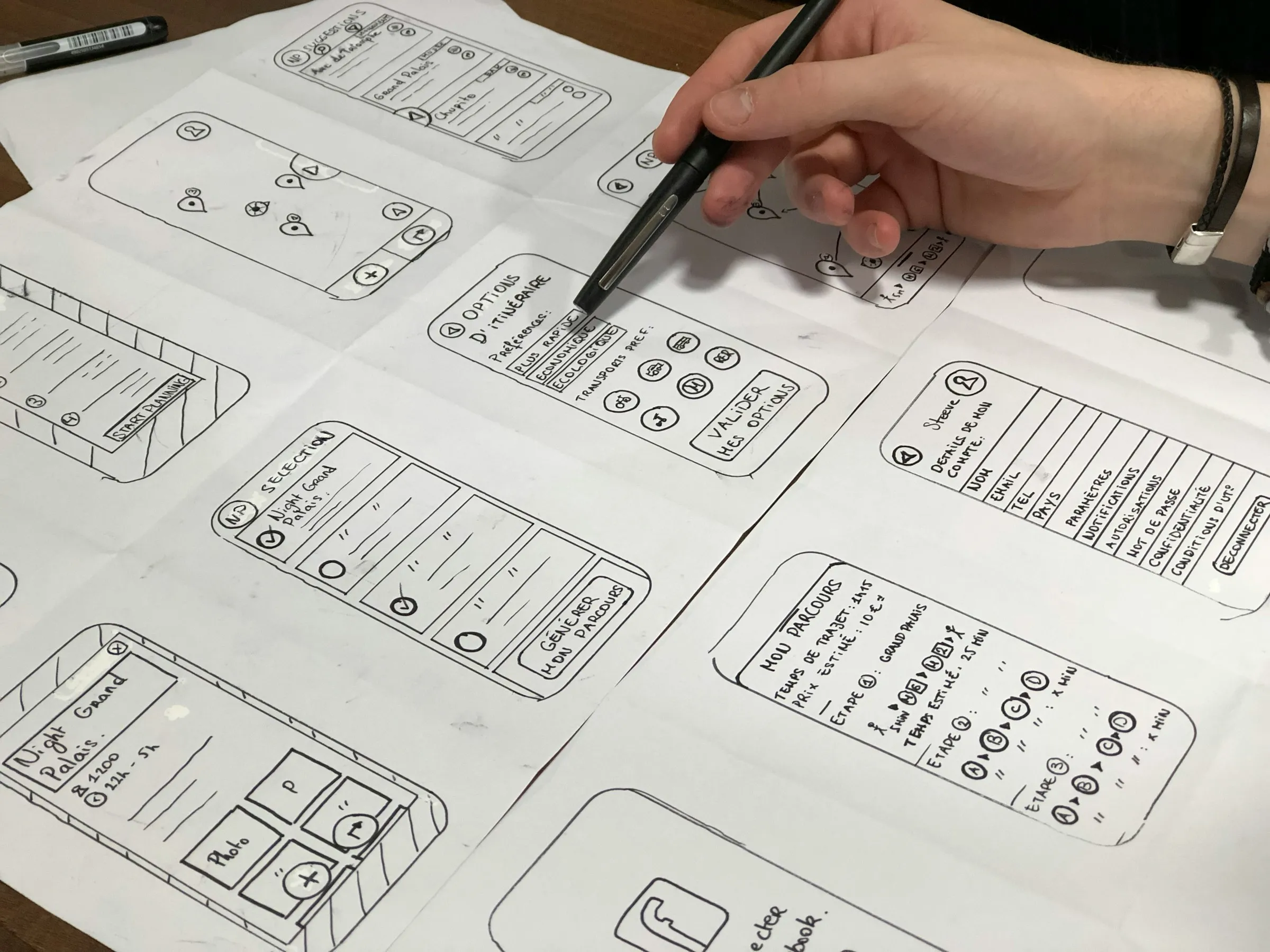 Hand sketching mobile app wireframes on large sheets of paper, an early step of UX design for startups