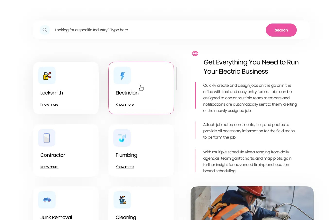 Uleadz industries page with a search box and cards for locksmith, electrician, contractor and plumbing businesses