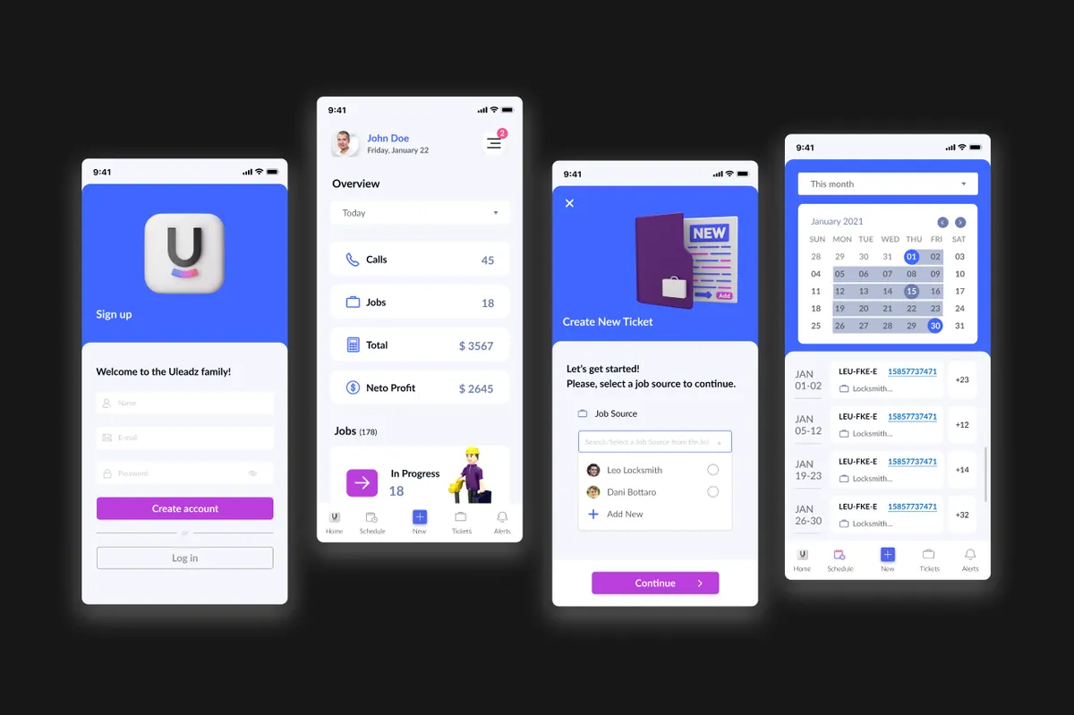 Four Uleadz mobile app screens: sign up, a daily overview of calls, jobs and profit, creating a new ticket, and a monthly job calendar