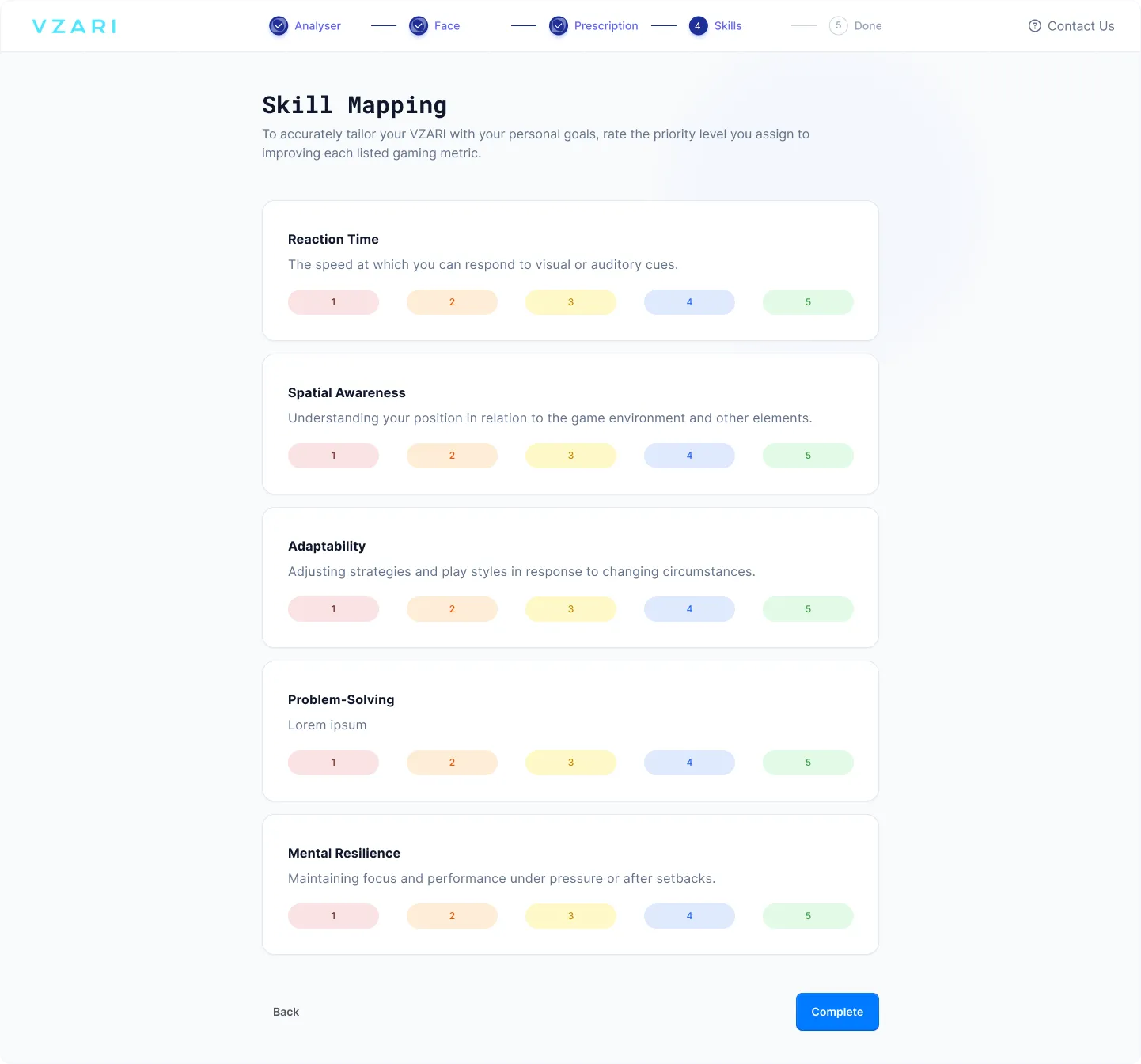 Vzari skill mapping screen where the user rates reaction time, spatial awareness, adaptability, problem-solving and mental resilience from 1 to 5
