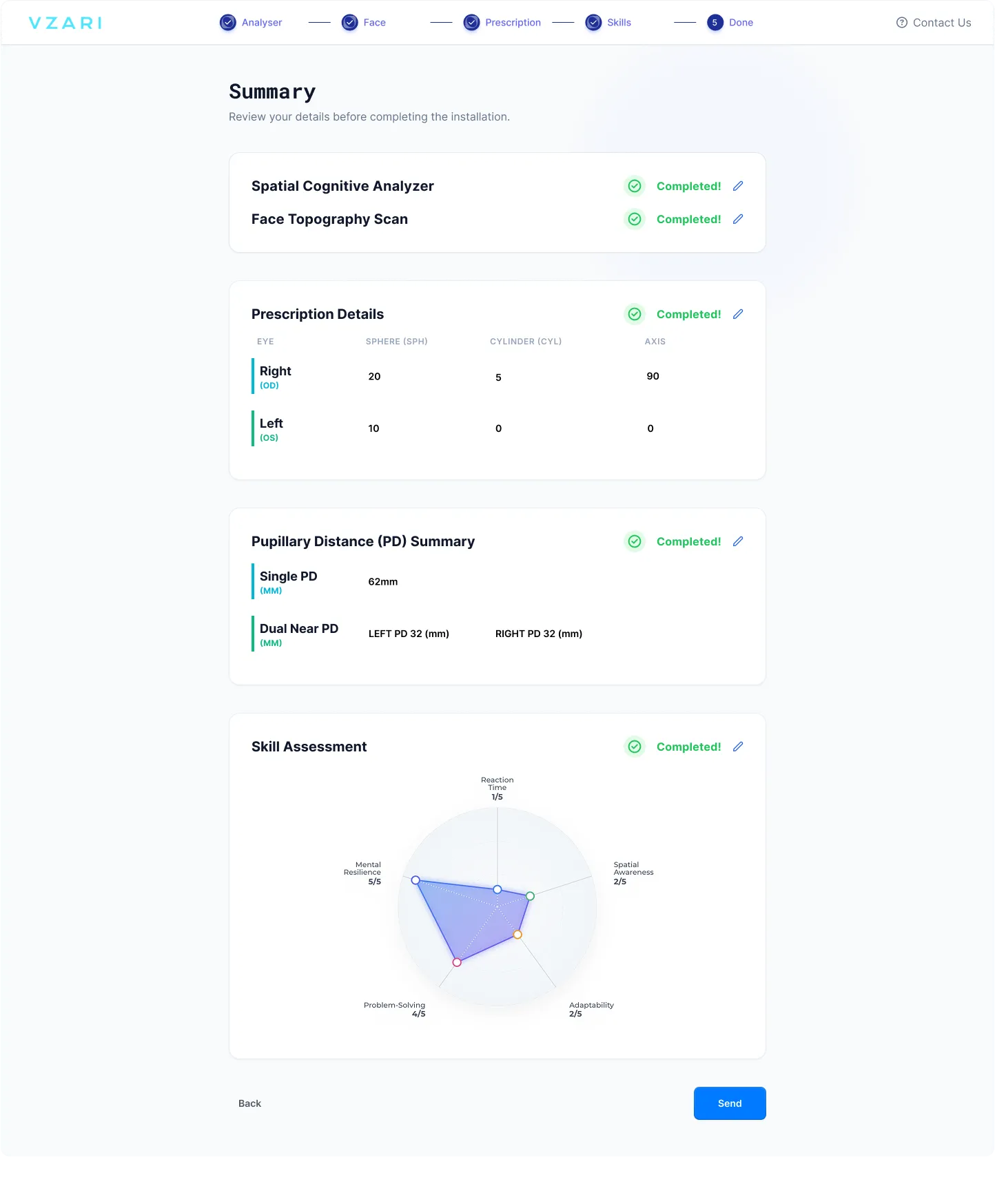 Vzari summary screen listing completed steps and a radar chart of the skill assessment
