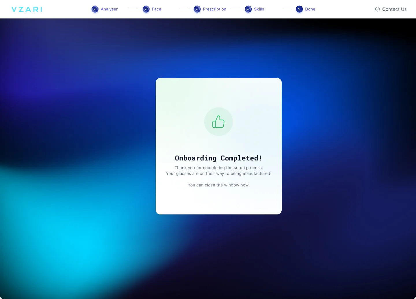 Vzari onboarding completed confirmation with a thumbs up icon on a blue gradient